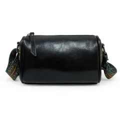 New Leather Oil Wax Cowhide Embroidered Wide Shoulder Pillow Bag - Black - View 1