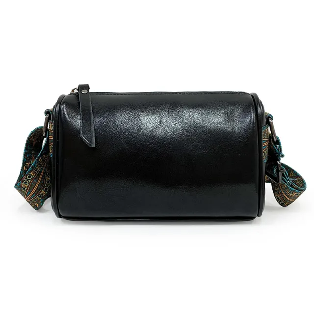 New Leather Oil Wax Cowhide Embroidered Wide Shoulder Pillow Bag Black - Shop at LoveMi