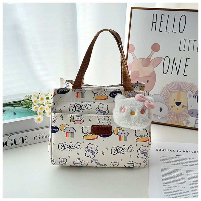 Handbag, Bento, Mommy, Office Worker, New Style For Going Out, Oxford Cloth Belt, Rice, Fashionable Carrying Bag, Large Capacity Makeup Bag - Rainbow Bear Rice White-pendant