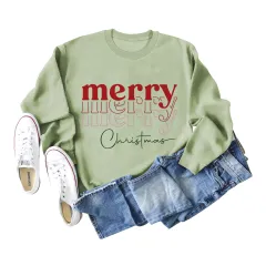 Letter Round Neck Christmas Loose Long Sleeve Sweater Girl - Olive - View 1