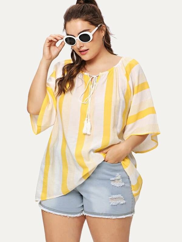 Women's Striped Half Sleeve Top Loose Crew Neck Fringe Belted Shirt