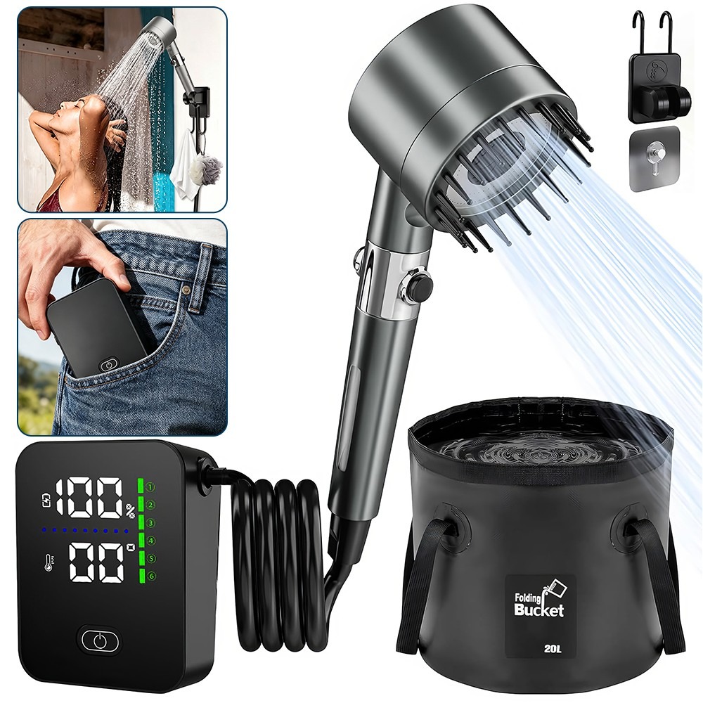 Shower Pump USB Rechargeable W 20L Collapsible Bucket