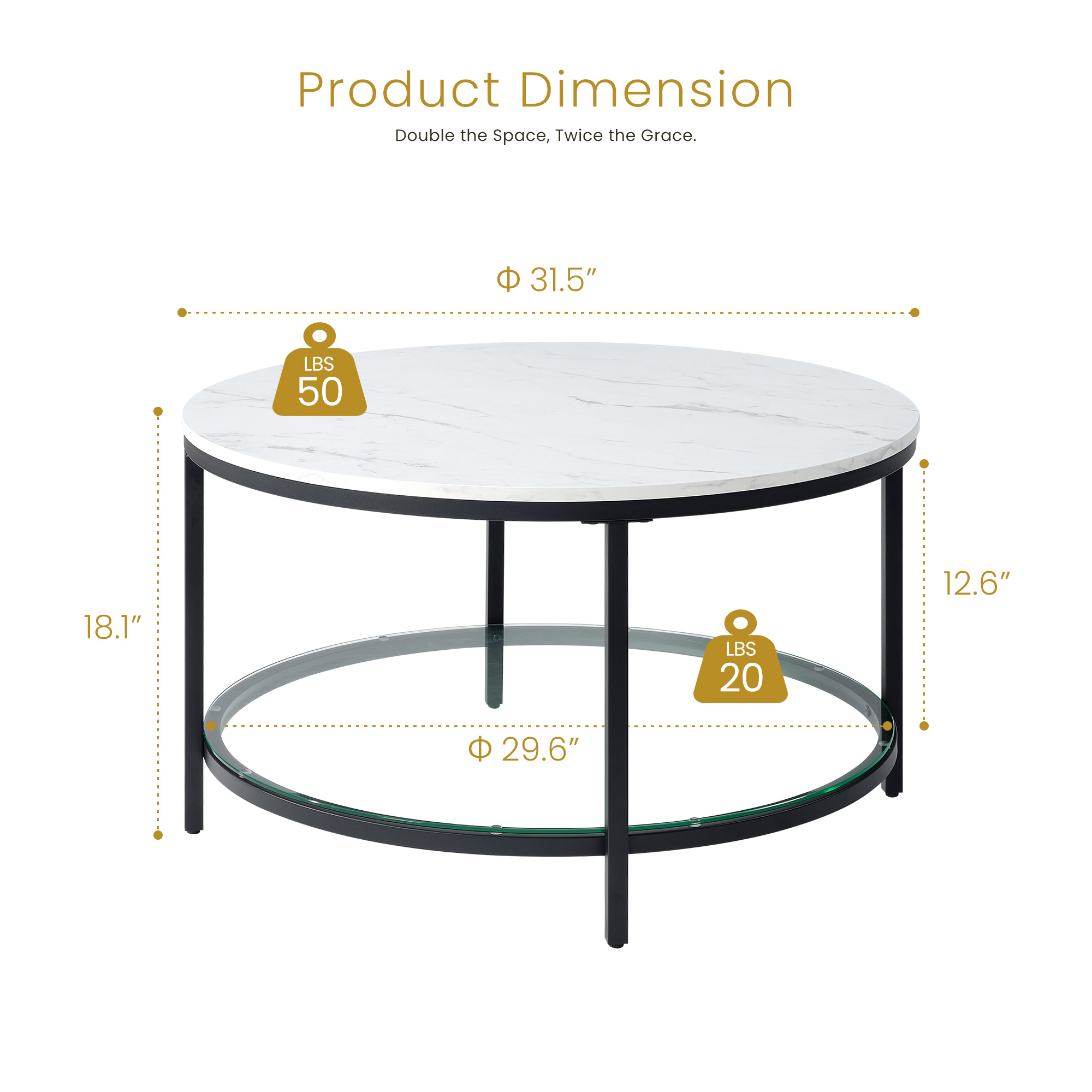 The Living Room Features A Marble Circular Glass Coffee Table, And A Double-layer Circular Transparent Coffee Table With Storage Function.