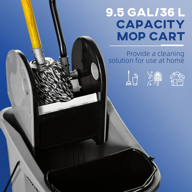 9.5 Gallon 38 Quart Mop Bucket With Wringer Cleaning Cart, 4 Moving Wheels, 2 Separate Buckets, & Mop-Handle Holder, Grey