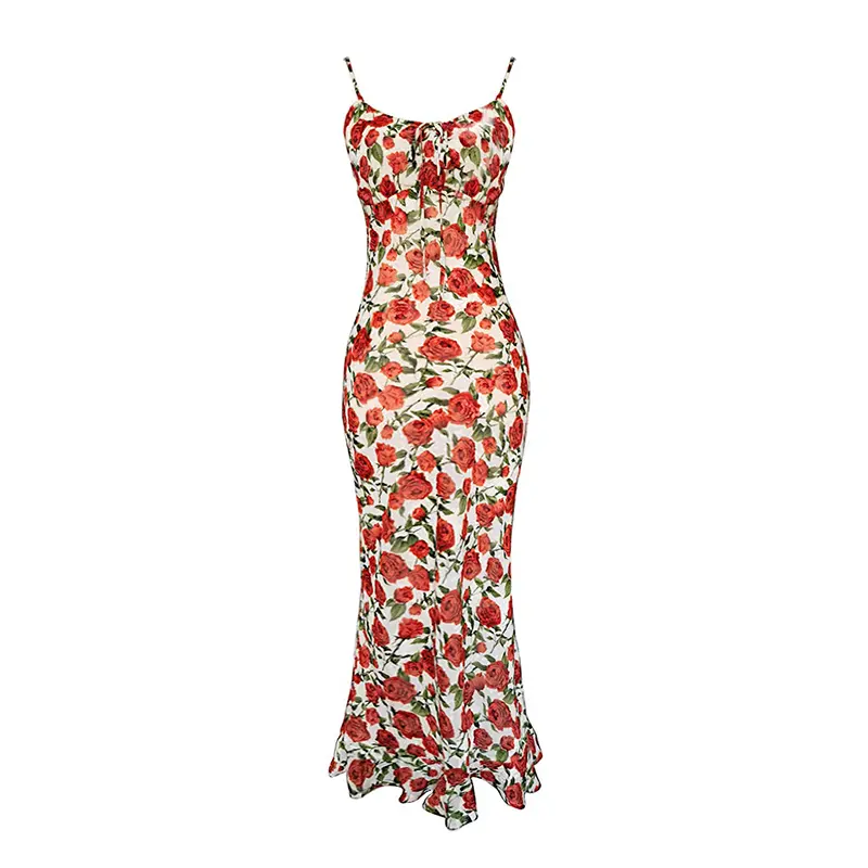 Rose Floral Suspender Dress Retro Fishtail
