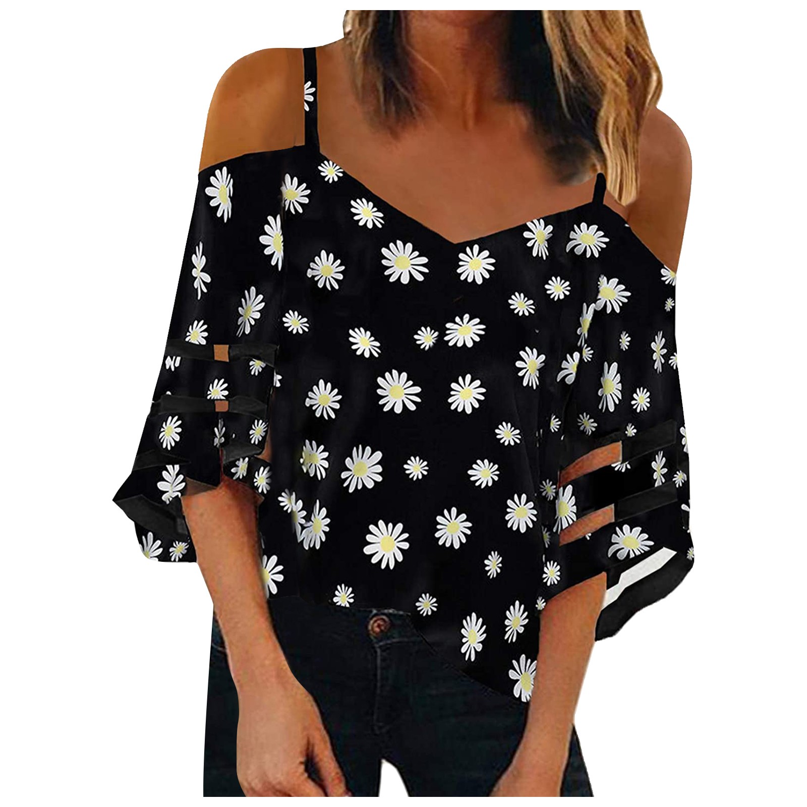 Title 4, Flared Sleeve V-neck Printed Off Shoulder Sling...