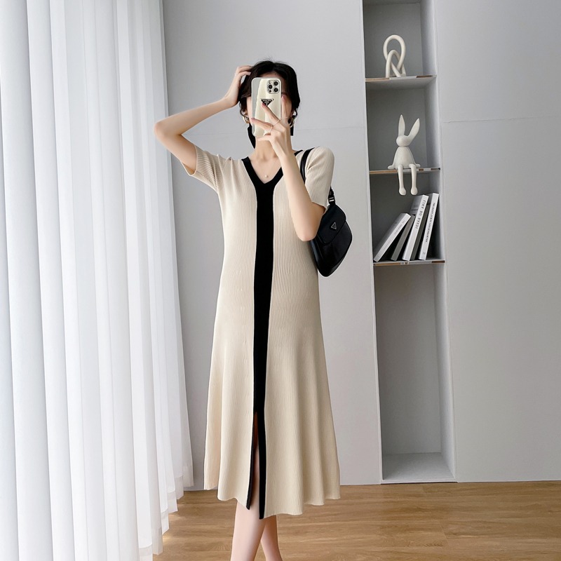 Slim Fit And Slim Knit High Stretch Dress Apricot Beige - Shop at LoveMi