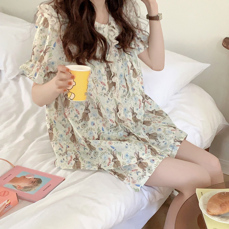 طقم بيجاما بنمط أرنب لطيف بأكمام قصيرة بتصميم كوريا مع دانتيل وأناقة كلاسيكية منزلية