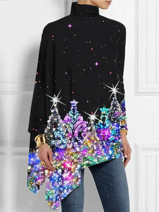 Turtleneck Irregular Knit Bottoming Printed Shirt - Flower6