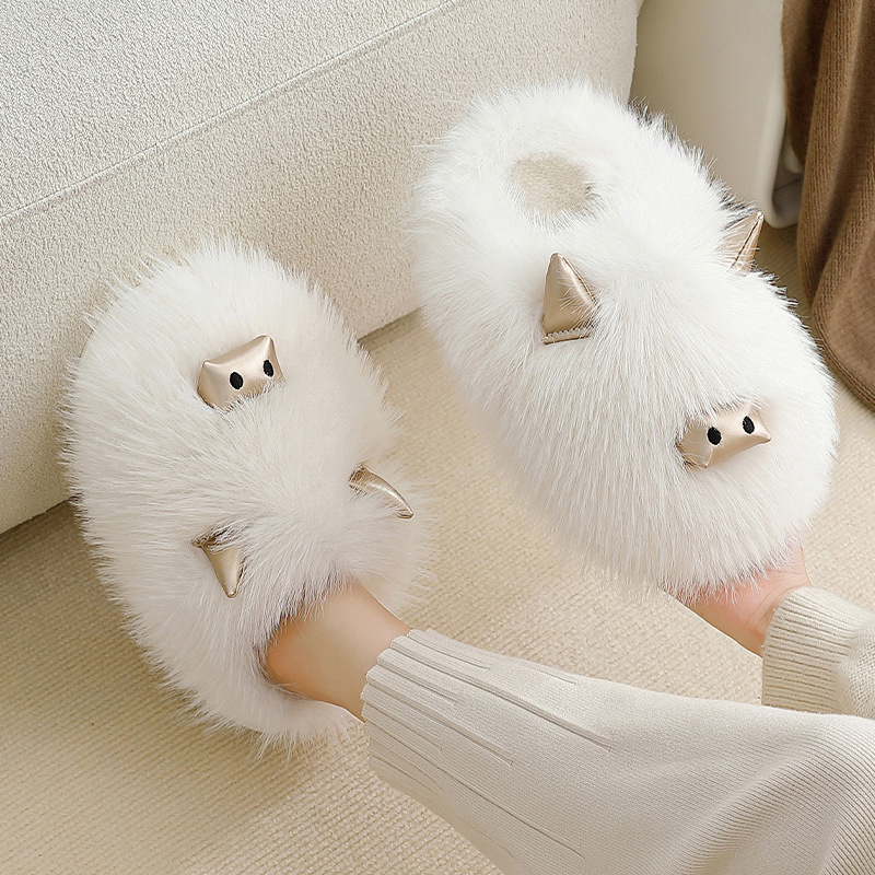 Title 8, Three-dimensional Metal Horn Fluffy Slippers Fe...