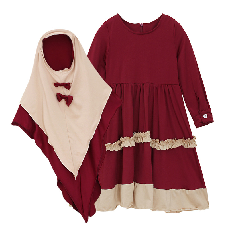 Girls Children's Long Sleeve Long Dress With Headscarf