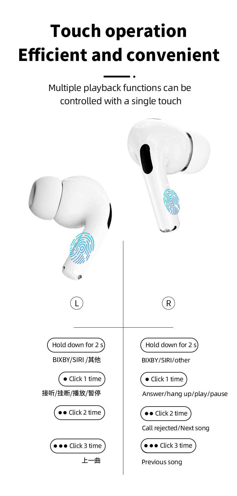 Wireless earbuds Bluetooth 5.3 with active noise cancellation and charging case.