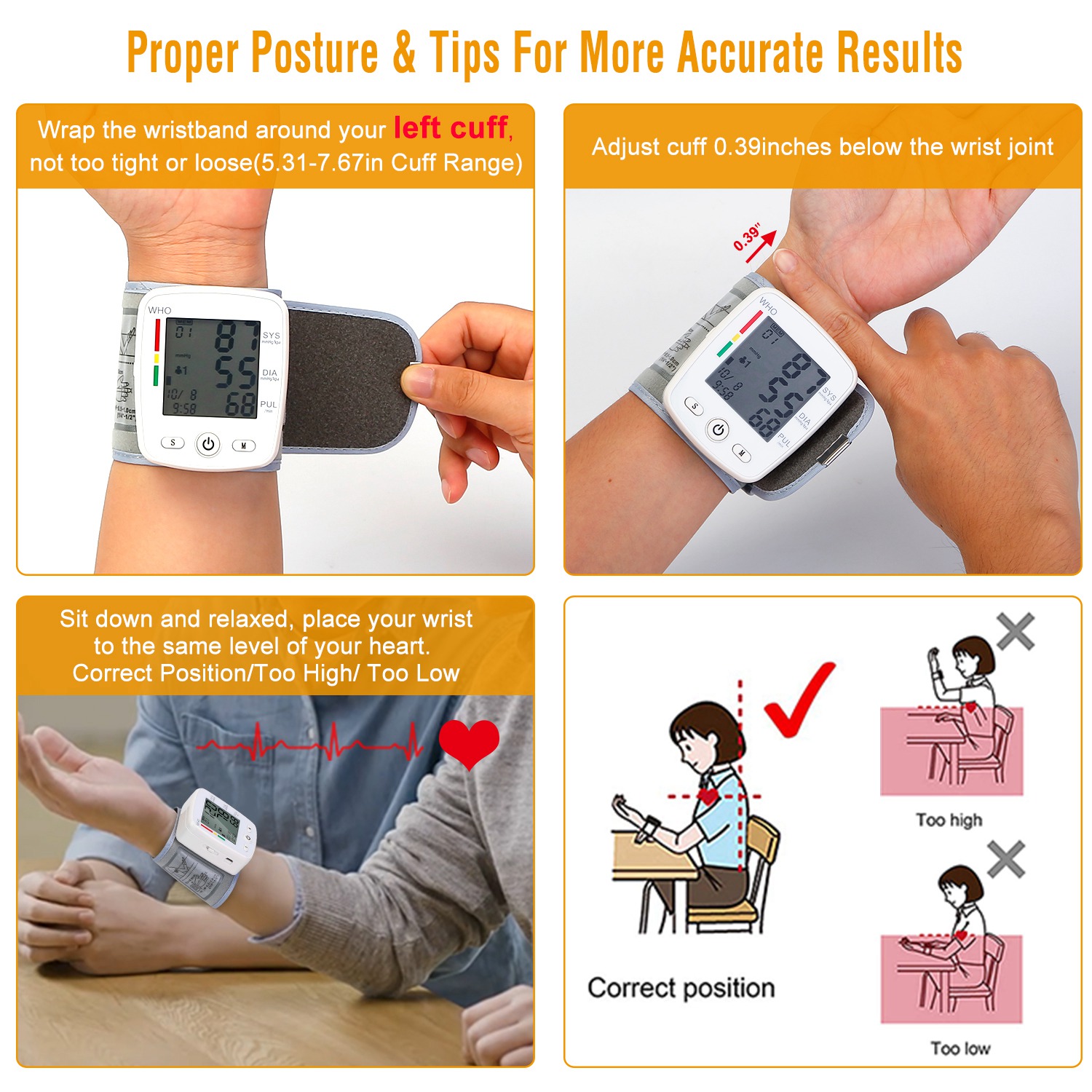 1Pc Blood Pressure Monitor Wrist Digital High Blood Pressure Cuff Heartbeat Tester With 90x2 Reading Memory 2In LCD Screen Storage Box