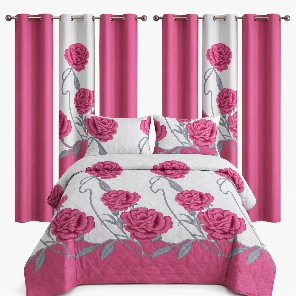 9-Piece Pink And White Rose Bedspread And Curtain Set For Queen And King