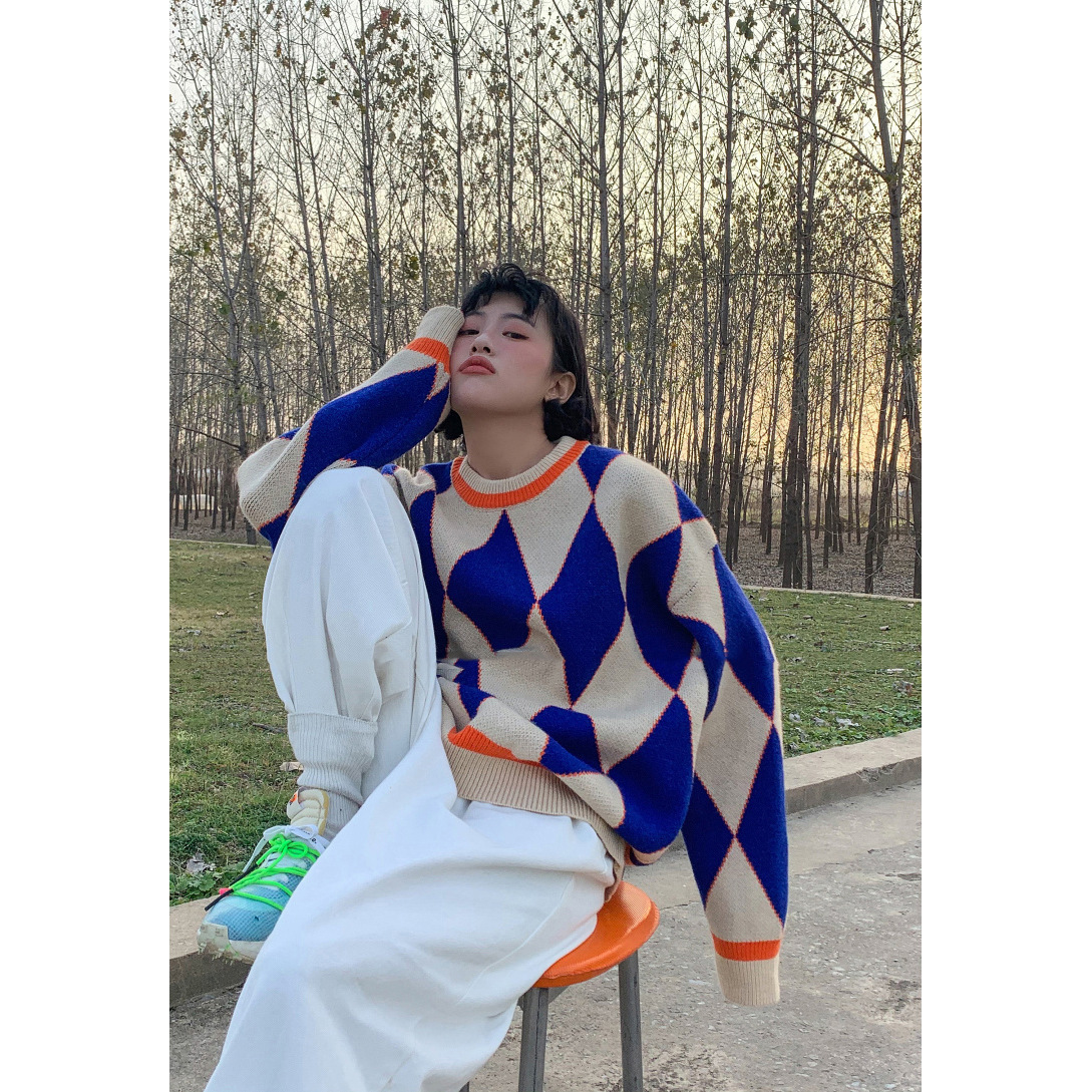 Women's Korean Style Loose Pullover Diamond Sweater