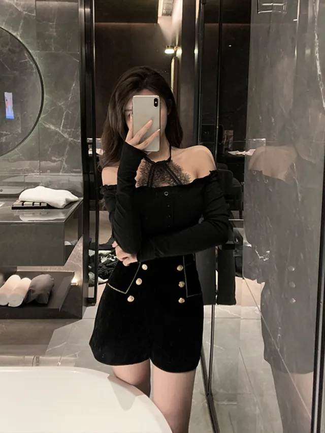 Double Breasted High Waist Gold Velvet Shorts Casual Versatile Wide leg Pants Black - Shop at LoveMi