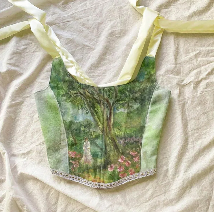 Camisole Slim-fit Wavy Navel Navel Short Oil Painting Printed Tank Top - Green