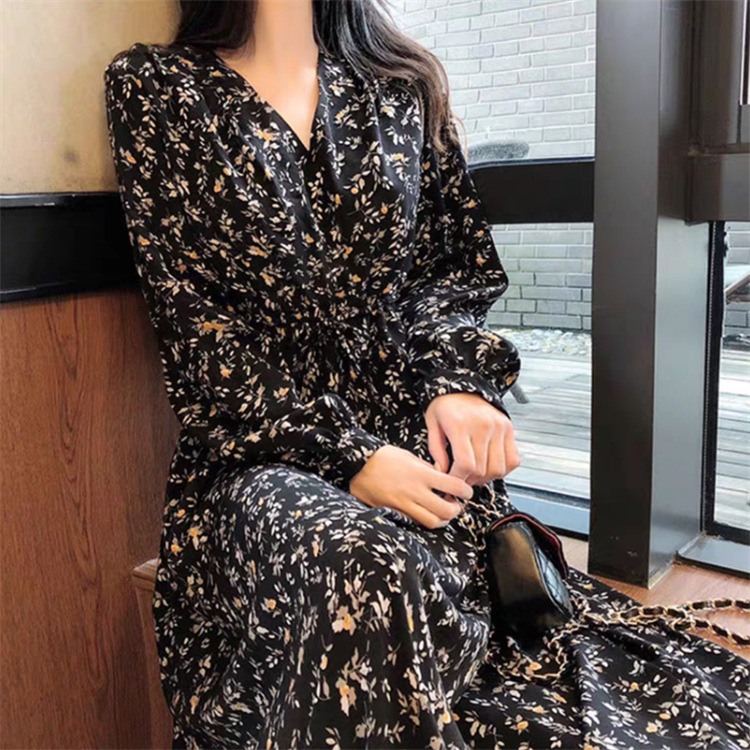 Women's Long Sleeve Temperament French Long Black Floral Chiffon Fashion Dress
