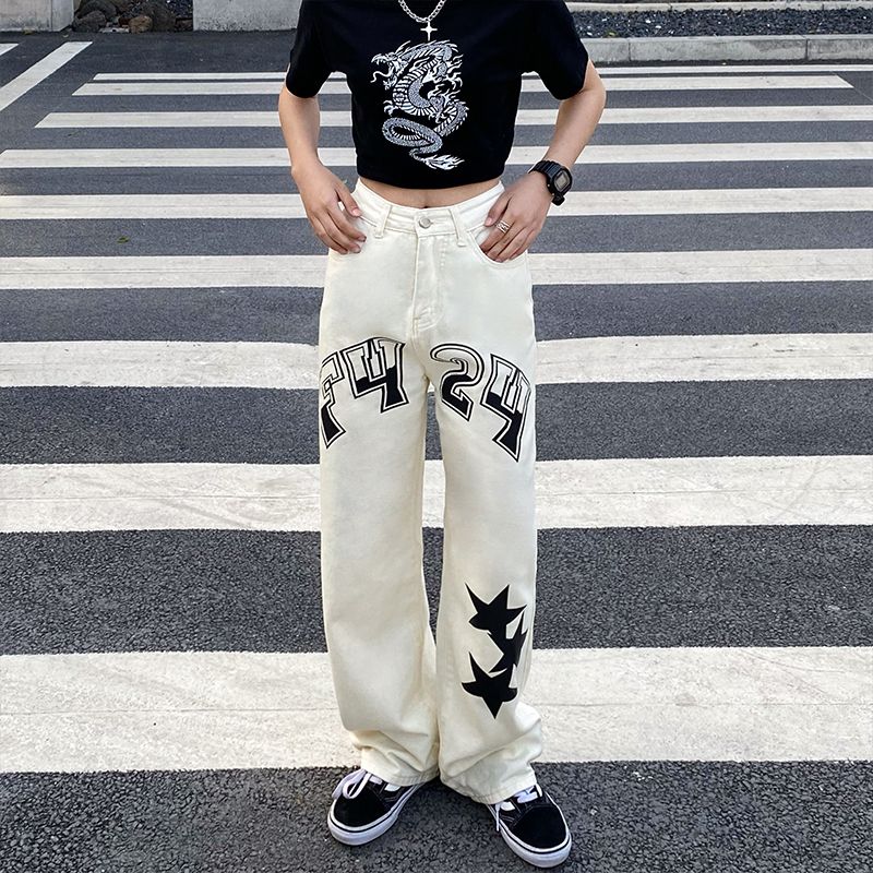 Women's Printed XINGX White Straight cut Mop Jeans Beige - Shop at LoveMi