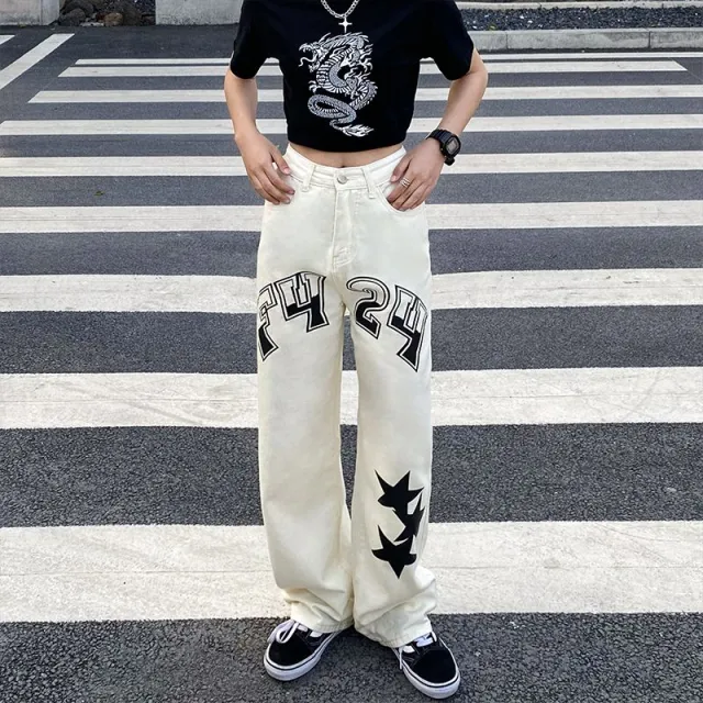 Women's Printed XINGX White Straight cut Mop Jeans Beige - Shop at LoveMi
