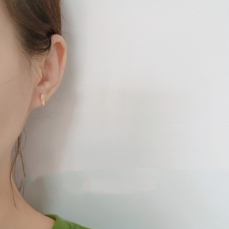 Korean Small Cute Cat Fish Bones  Stud Earrings Zircon Asymmetrical  For Women Earrings