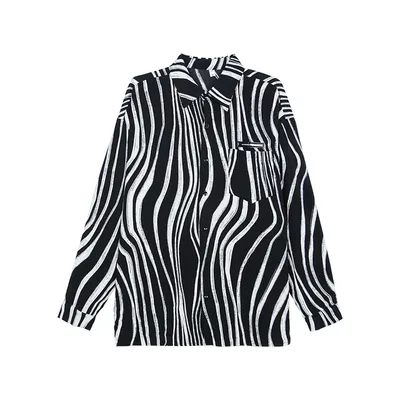 Contrasting Color Zebra Print Lapel Shirt Men's Loose Long sleeved Shirt Black - Shop at LoveMi