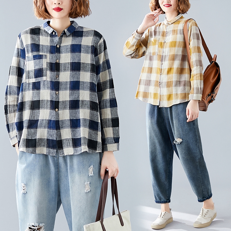 Women's Large Size Plaid Long Sleeve Shirt