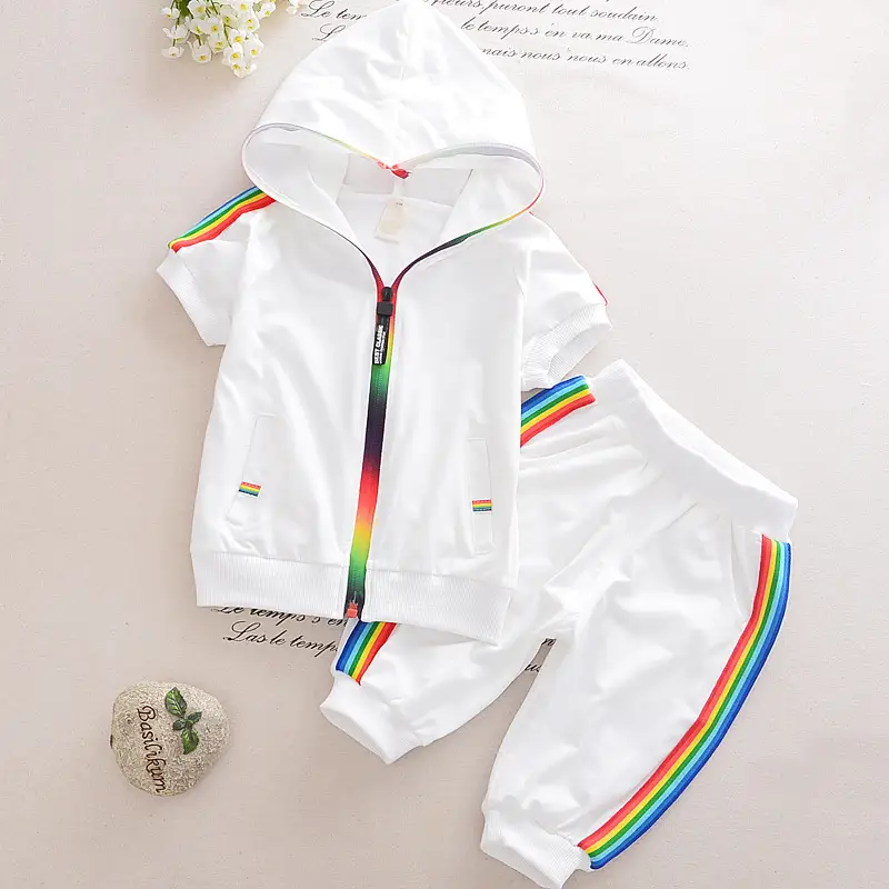Summer Short-sleeved Baby Zipper Hoodle Black And White Two-piece Suit
