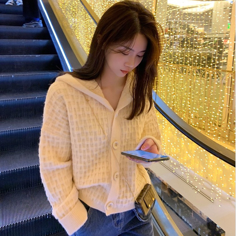 Loose Hooded Outer Knitted Cardigan Women's Solid Color Check Sweater Coat