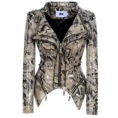 Women's Rivet Slim Washed Leather Motorcycle Jacket - Leopard - View 1