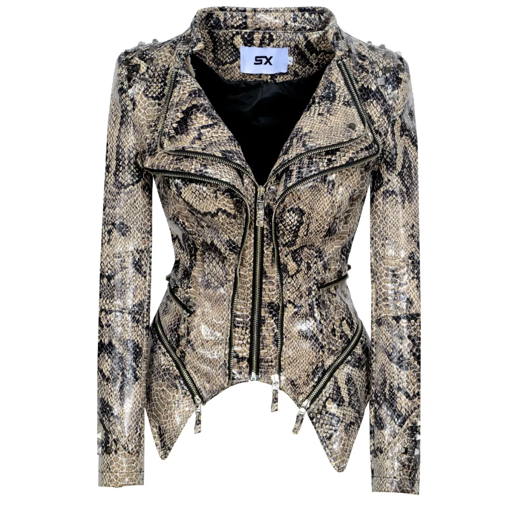 Women's Rivet Slim Washed Leather Motorcycle Jacket - Leopard