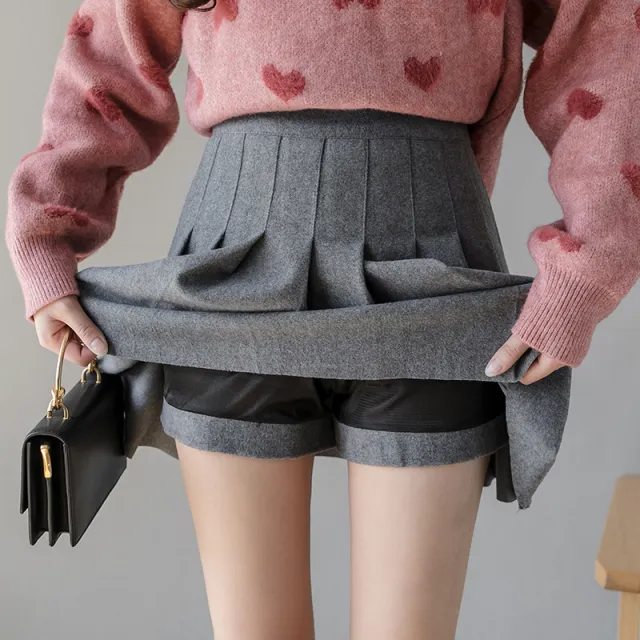 Woolen Pleated Skirt Women's Fashion High Waist Light Grey Elastic Waist - Shop at LoveMi