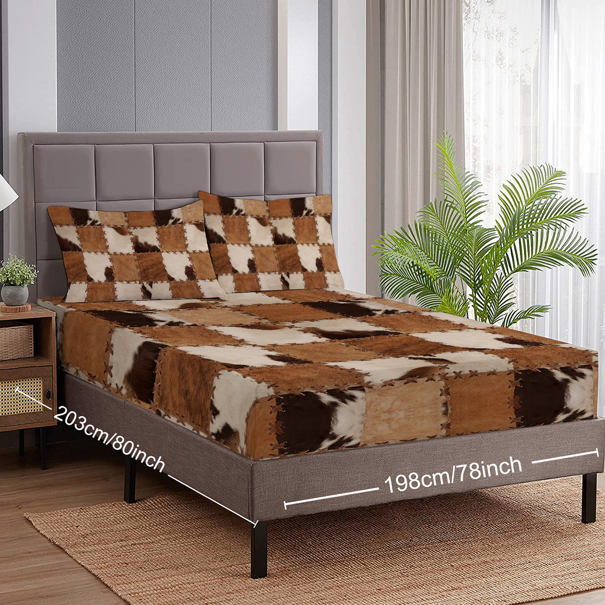 3PCS Bed Fitted Sheet Set, Simulated Stitched Leather Printed Fitted Sheet, Brown,1 Fitted Sheet, 2 Pillow Cases