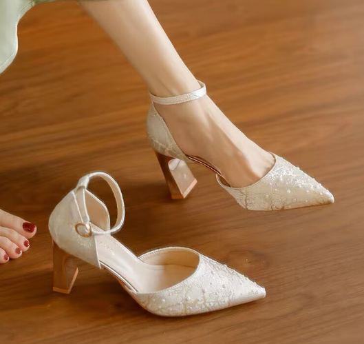 Women Pointed Toe Pearl Ankle Strap Block Heel Sandals