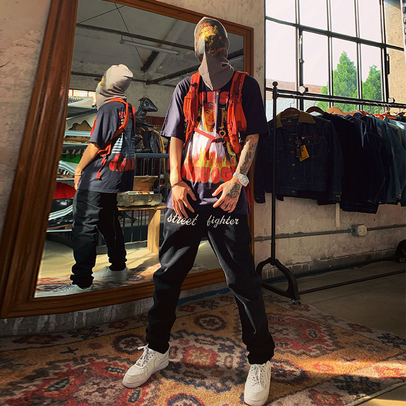 Men's And Women's Printed Letter Tide Brand Black Jeans