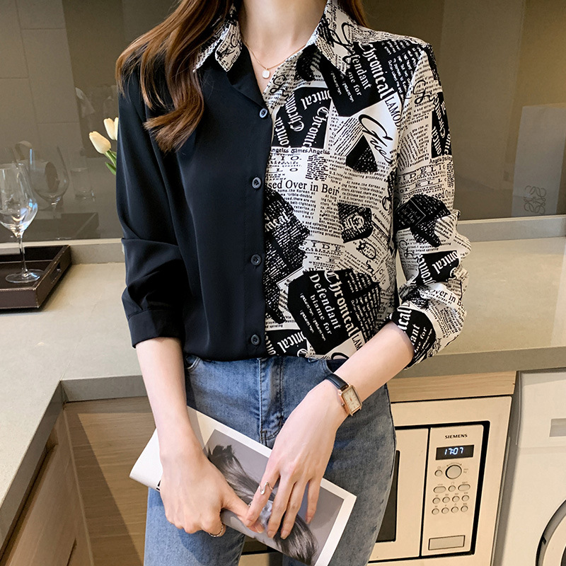 Women's Monogram Print Long-sleeve Patchwork Shirt