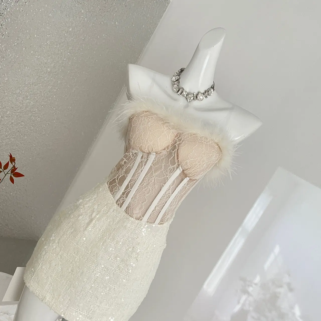Women's French Strapless Bodycon Dress Lace Fur