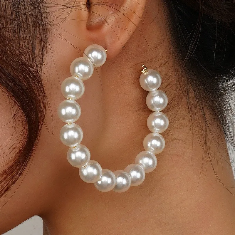 2026 New Fashion Large Hoop Pearl Earrings For Women, European American Style Versatile Exaggerated Statement Earrings
