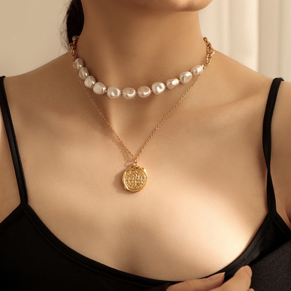 Stainless steel double-layer roman astrolabe necklace (gold)