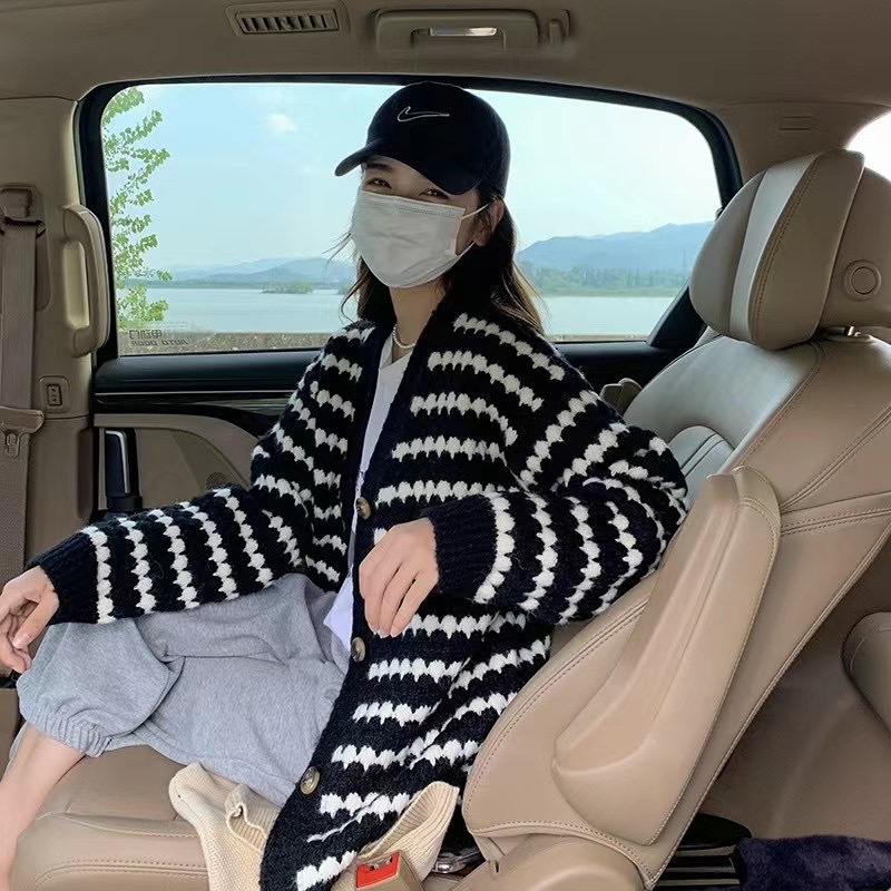 Striped Knitted Cardigan Women's Outer Wear Loose Retro All-match Sweater Coat Jacket