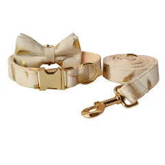 Cream Velvet Feather Print Velvet Dog Collar - Bow Set - View 1