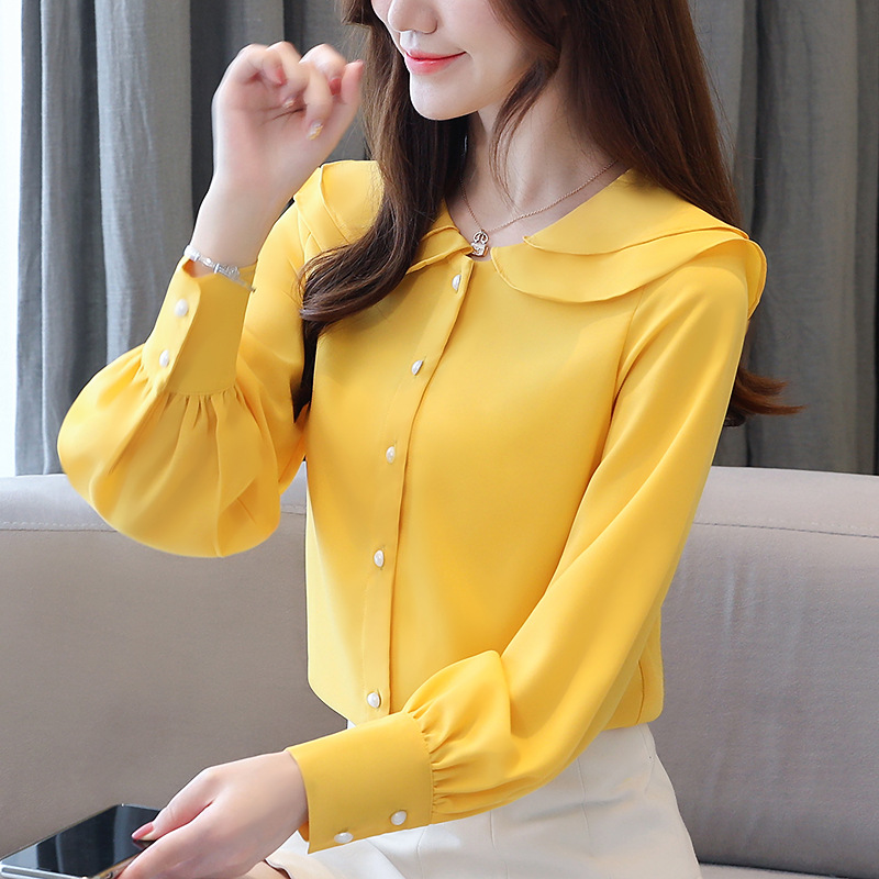 Title 2, Doll Collar Solid Color Long-sleeved Chiffon Shirt