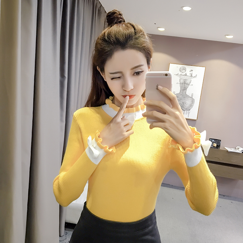 Short And Tall Color Matching Bow Long-sleeved Bottoming Shirt