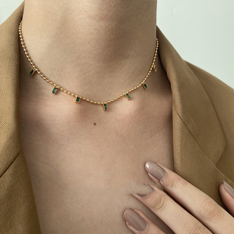 Emerald Zircon Square Pendant Round Bead Chain