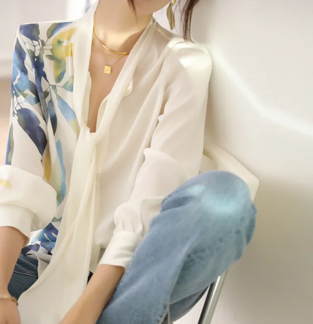 Ribbon Simulation Silk Shirt Woman Picture Color M - Shop at LoveMi