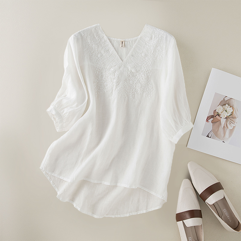 Women's Fashion Loose Ramie Short Sleeve Embroidered Top