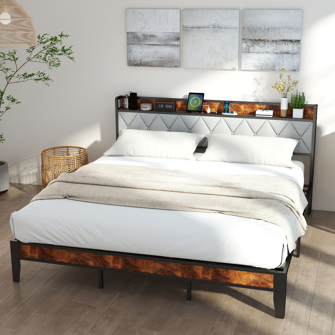 Soft-padded Headboard With Storage, Charging Port, Iron Frame Bed_voghion.com