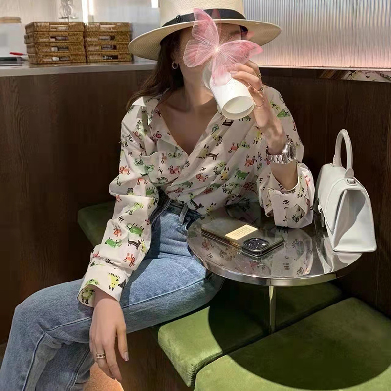 Simple Commuter Temperament Lapel Long-sleeved Floral Shirt Women