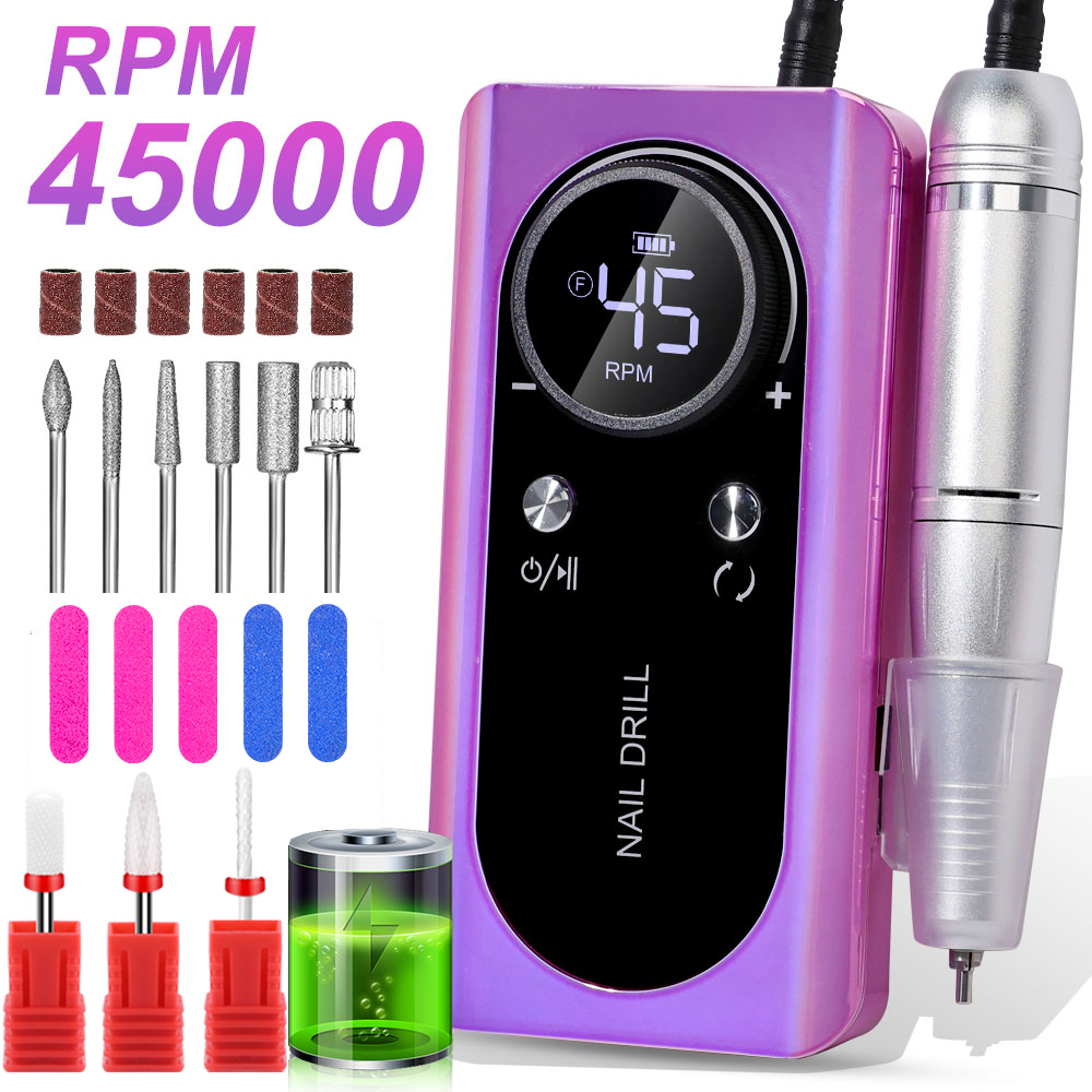 Professional Electric Nail Drill Machine, 45000RPM Rechargeable E-File Nail Drill Cordless, Electric Nail File Kit, Portable Electronic Grinder, Suitable For Nail Polish And Glue Nail Polish Polishing 10