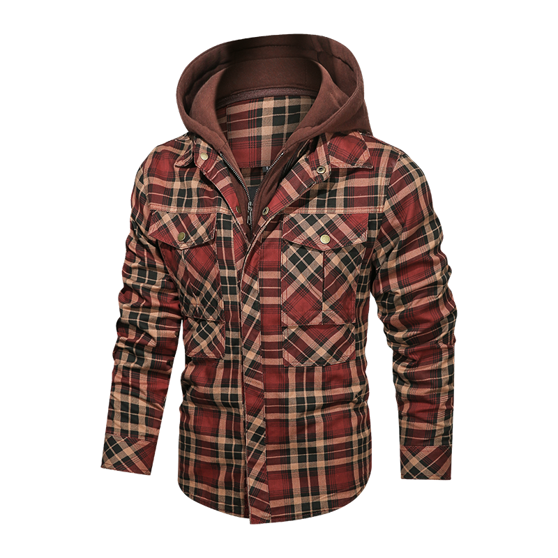 Men long-sleeved plaid jacket regular fit with fleece and detachable hoodies.